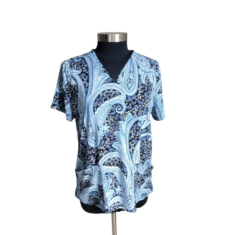 Butter-Soft Stretch Women's Medium Scrub Top Blue Navy Paisley Medical Uniform M